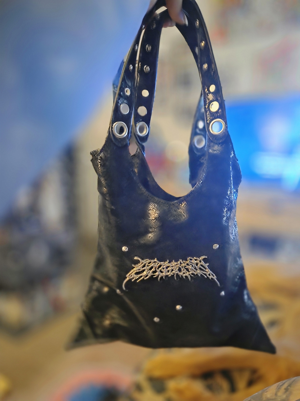 ROMWE Black Studded Crossbody Bag with Silver Eyelets